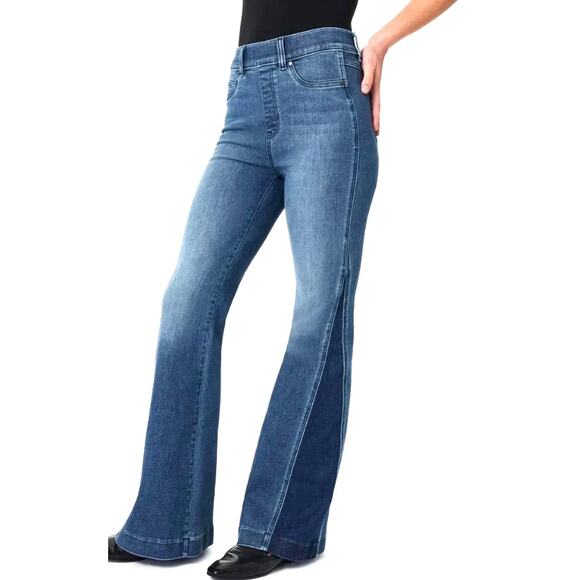 SPANX Flare Jeans Size Medium 2-Tone Mixed Indigo Wash Retro High Waist - Picture 3 of 11